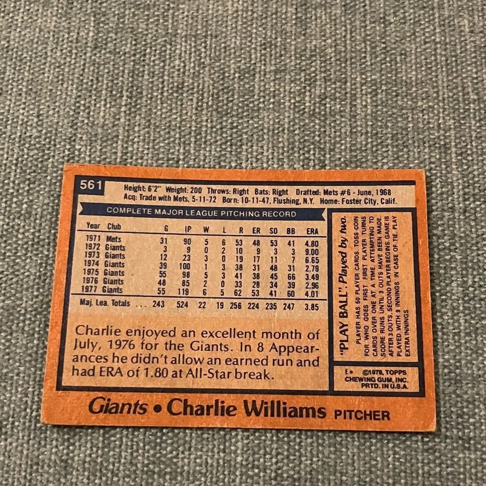1978 Topps San Francisco Giants Baseball Card Trading Card
